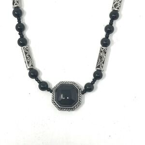 Vintage Black Beaded 19" Adjustable Necklace With Silver Accents & Clasp